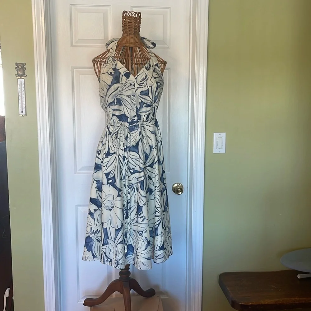 Polo Jeans Co. wrap around halter dress in blue and off white floral Size M
